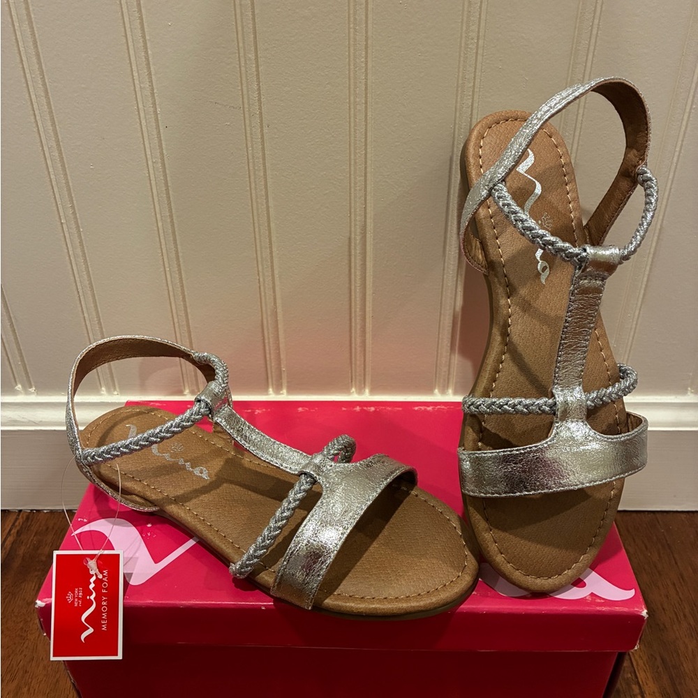 Nina Metallic Silver Braided T-Strap Sandals